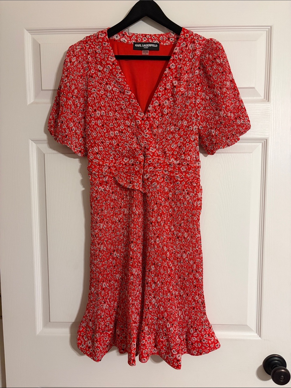 Karl Lagerfeld Paris Red Ditsy Floral Pleated Mini Dress